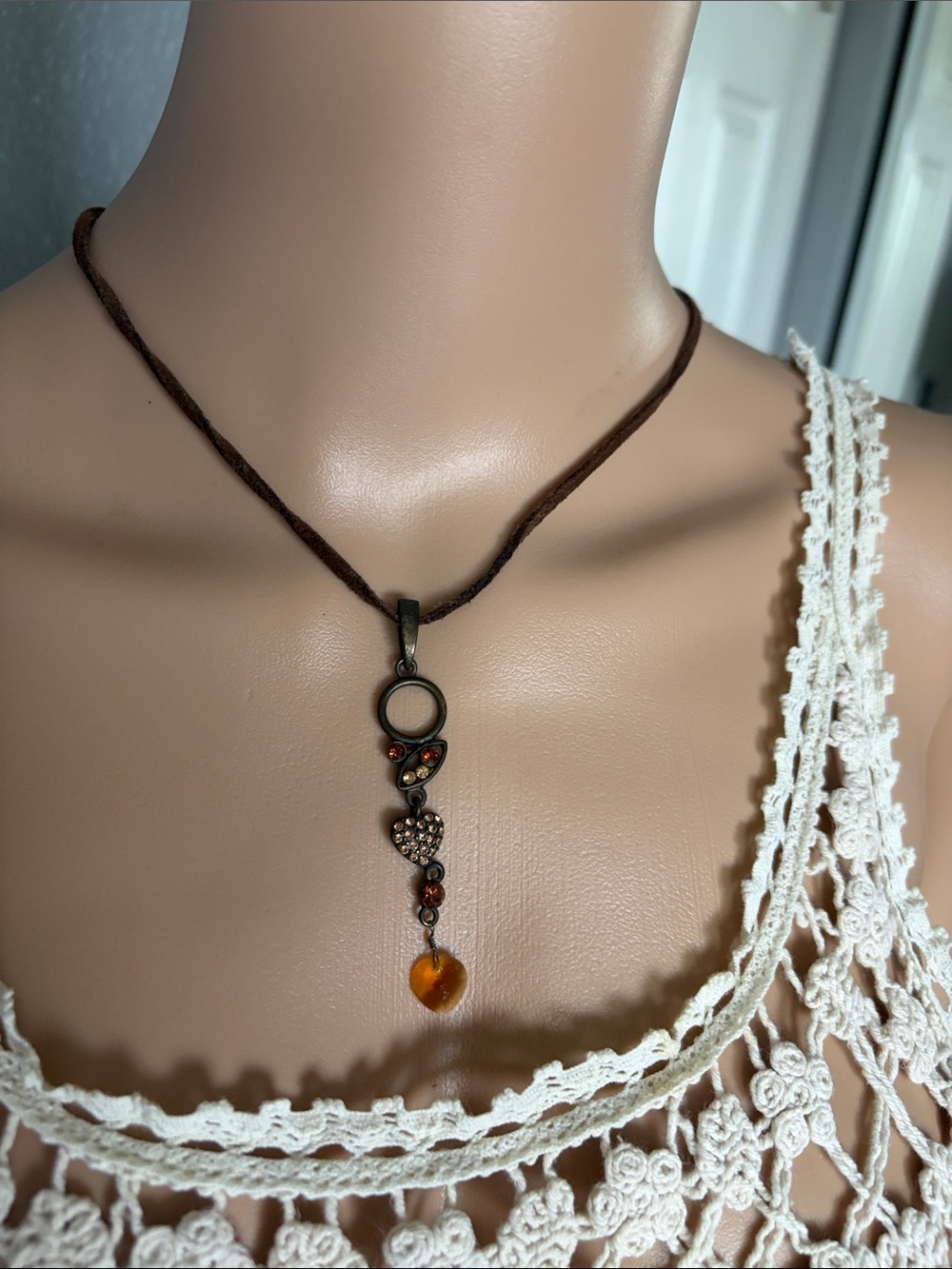 Lia Sophia Brown Cord Necklace with Amber Heart Drop